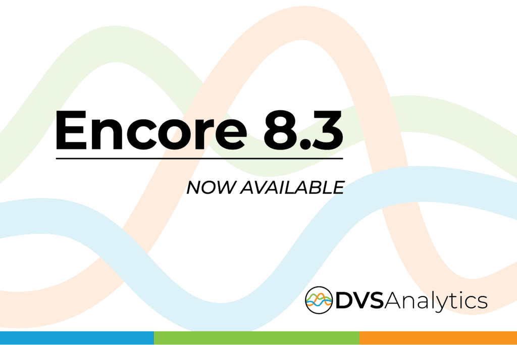 Waveform images that illustrate DVSAnalytics logo with text that Encore 8.3 is now available